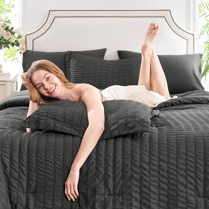 CozyLux Queen Comforter Set Dark Grey Seersucker 7 Pieces Bed in a Bag Queen - Image 3