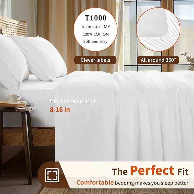 LBRO2M 1000 Thread Count 100% Egyptian Cotton Sheets Set Twin, 3 Piece Sets Bed - Image 3