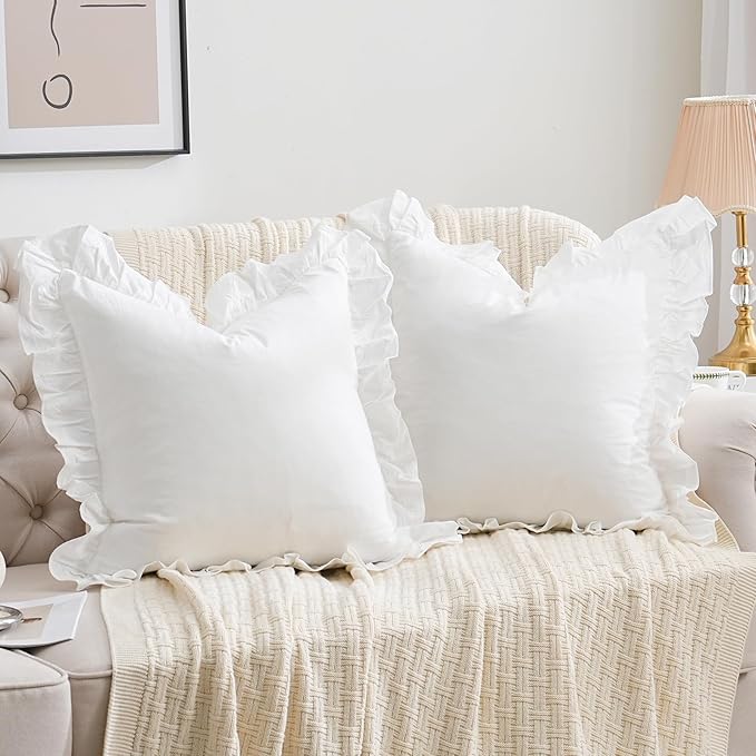 2 Pack Ruffle Throw Pillow Covers Farmhouse Off White Shabby Washed Cotton by Qilunn