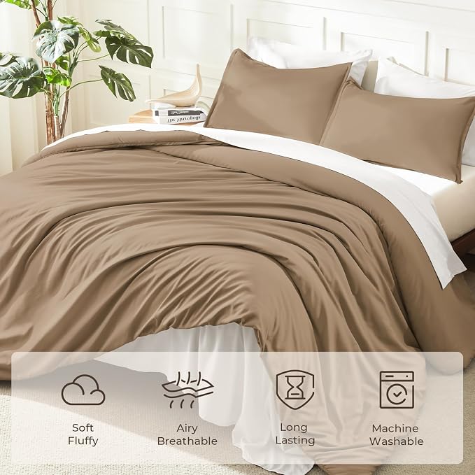 Litanika Taupe Comforter Set King Size, 3 Pieces Solid Bedding Comforter Set - Image 3