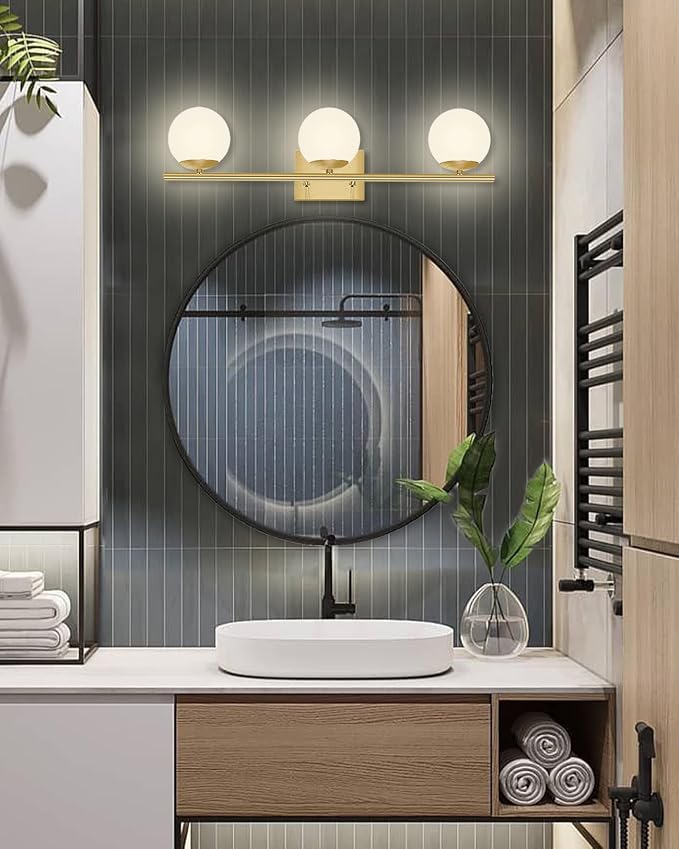 Brushed Brass Bathroom Vanity Light fixtures, 24‘’ 3 Lights Modern Globe Glass - Image 5