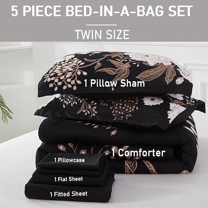 Yogeneg 5 Piece Bed in a Bag Twin Size Comforter Set Botanical Floral Bedding - Image 6