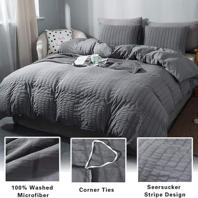 AveLom Dark Gray Duvet Cover Twin Size，2 Pieces Stripe Textured Soft Washed - Image 2