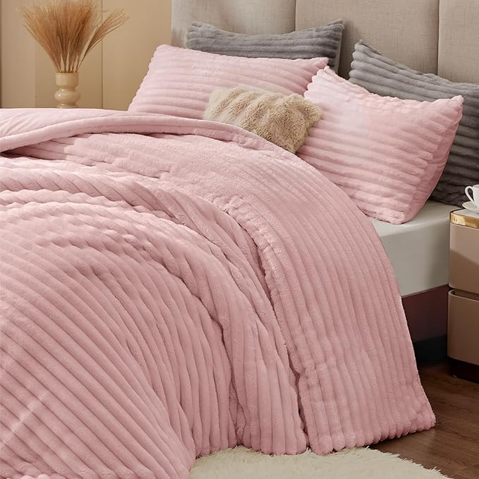 BEDELITE Fleece King Comforter Set -Super Soft & Warm Fluffy Pink Bedding - Image 5