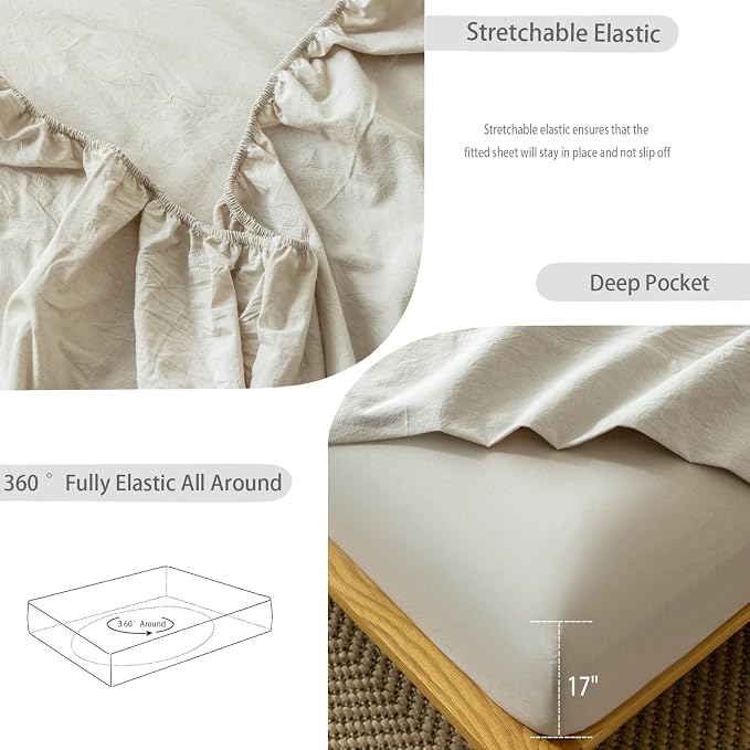 MooMee Fitted Bottom Sheet Only 100% Washed Cotton Linen Like Textured - Image 5