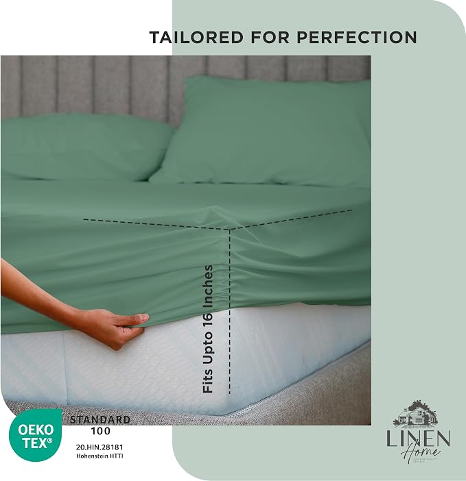 Linen Home 100% Cotton Percale Weave Fitted Sheet, Twin Size, Frosty Green - Image 3