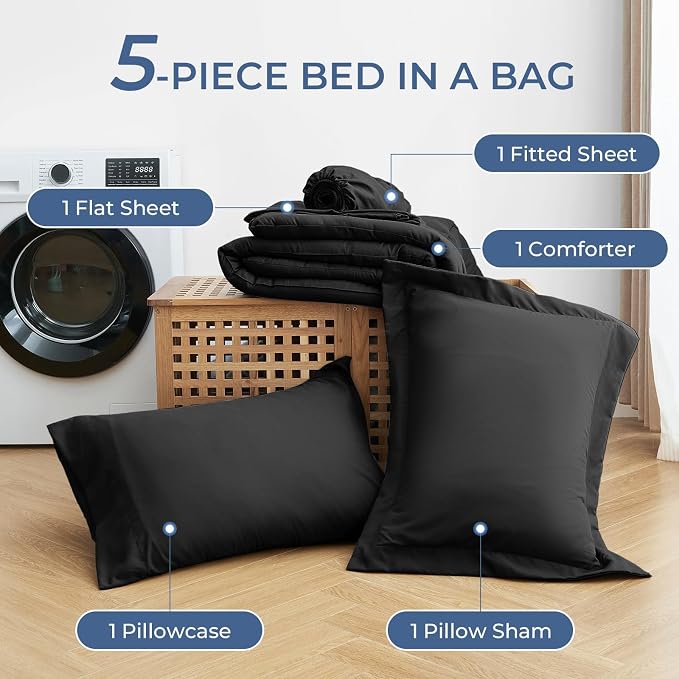 Sasttie Twin XL Comforter Set Black, 5 Pieces Twin XL Bed in a Bag, Complete - Image 6