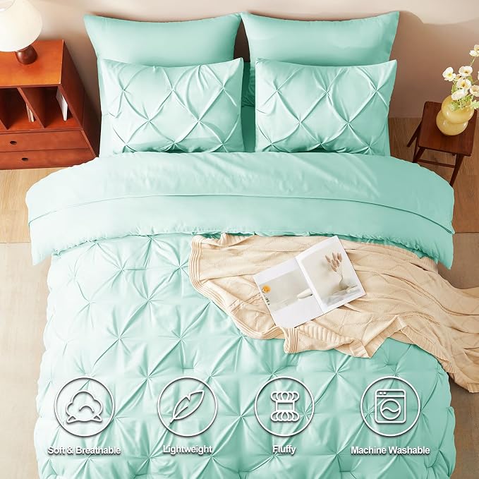 CozyLux Full Size Comforter Sets Mint Green, 7 Pieces Pintuck Bed in A Bag - Image 2