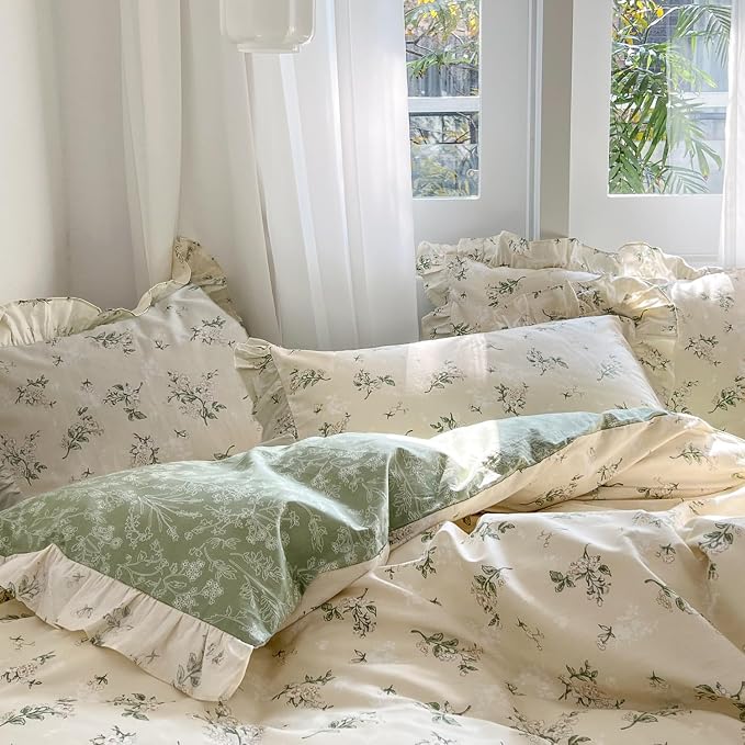 MKXI Botanical Floral Duvet Cover Full Beige Girls Floral Ruffled Bedding Set - Image 3