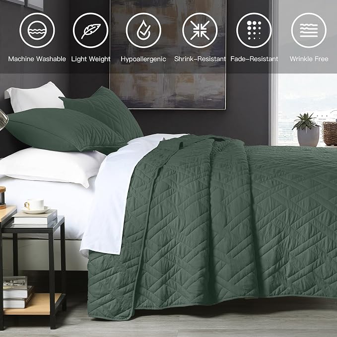 HORIMOTE HOME Quilt Set King Size Dark Green, Classic Geometric Diamond - Image 6
