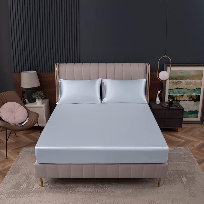 Homiest Baby Blue Satin Fitted Sheet Queen Size, Deep Pocket, Luxury & Ultra - Image 2