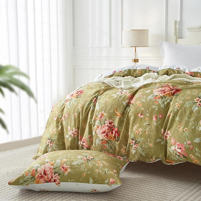 mixinni Duvet Cover Queen Size, Long Staple Cotton Reversible Green Floral - Image 2