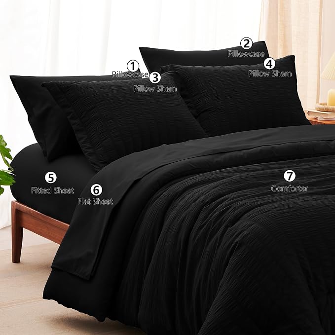 CozyLux King Size Comforter Set Black Seersucker 7 Pieces Bed in a Bag King - Image 6