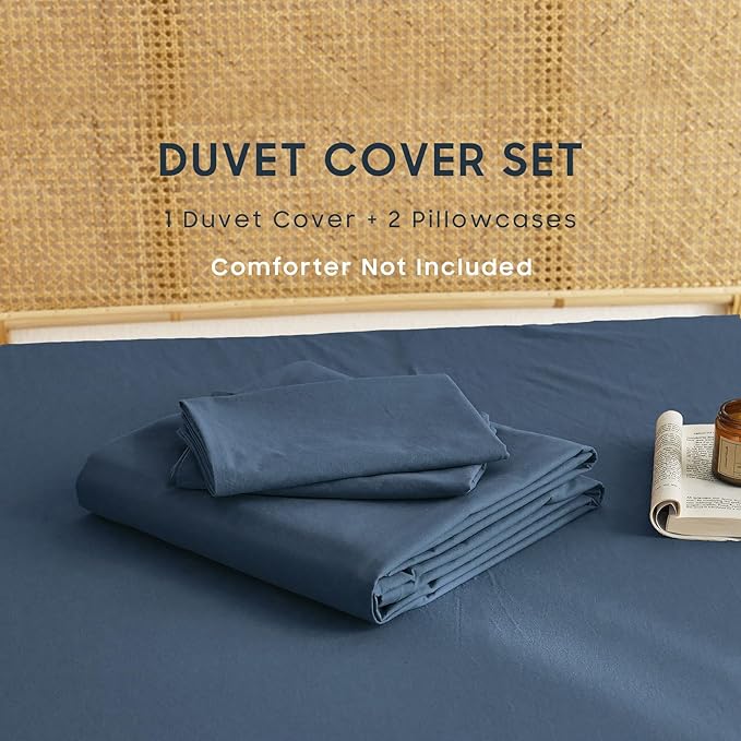 Wake In Cloud - Cotton Duvet Cover Set, Twin Size, Dark Navy Blue, 100% Washed - Image 2