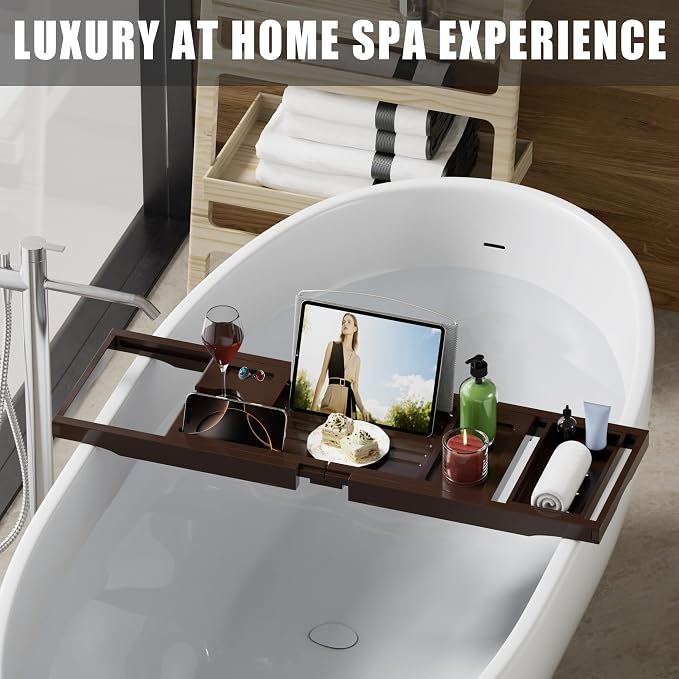 Foldable Bathtub Caddy Tray for Tub, Bamboo Expandable Bath Table Trays - Image 2