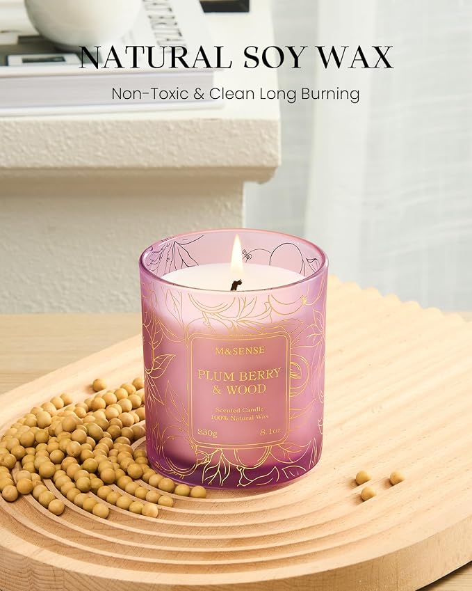 M&SENSE Plum Berry Wood Scented Vegan Soy Candles, Naturally Scented No Toxin - Image 2