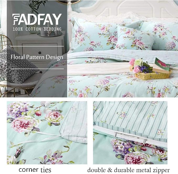 FADFAY Cotton Duvet Cover Set Full Size Blue Floral Bedding Set Super Soft - Image 4