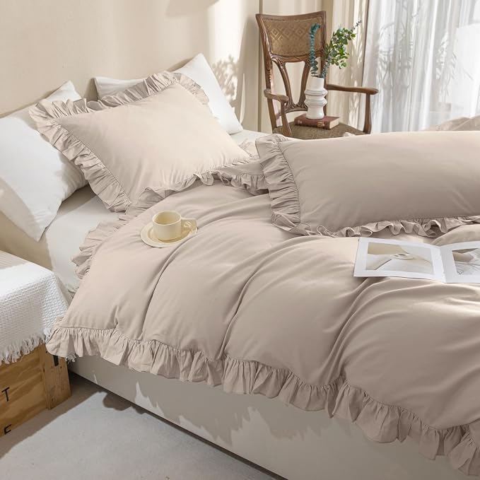 QSH 3Pcs Washed Cotton Ruffle Duvet Cover King Size - Image 7