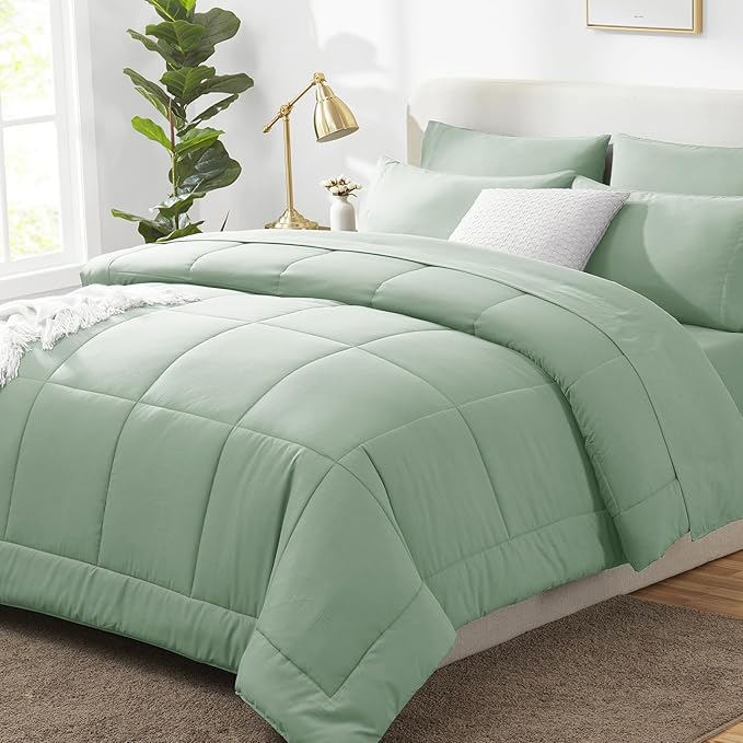 CozyLux Queen Comforter Set Sage Green, 7 Pieces Bed in a Bag, All Season by CozyLux