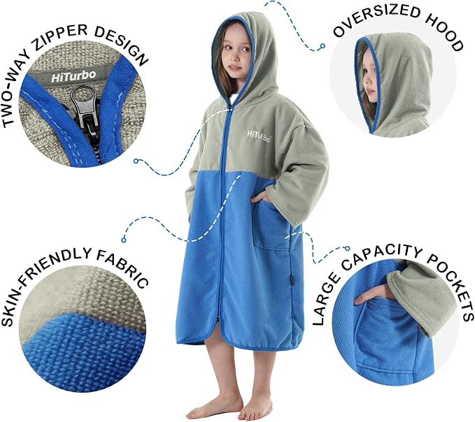 Hiturbo Kids Bath Towel Hoodie: Zipper Surf Poncho Long Sleeve Quick Dry - Image 4