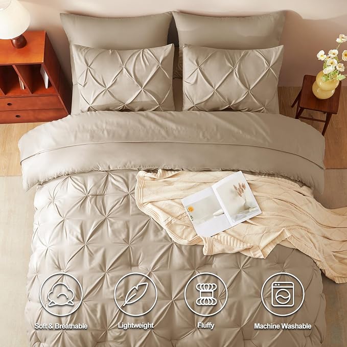 CozyLux Full Size Comforter Sets Taupe, 7 Pieces Pintuck Bed in A Bag Taupe - Image 2