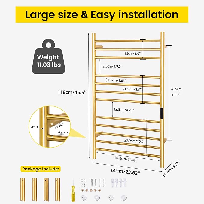 12-Bars Gold Heated Towel Rack–23" Wall Mounted Towel Warmer - Image 5