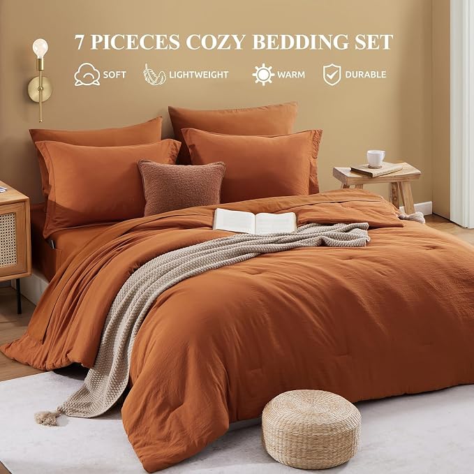 WRENSONGE Super King Plus Comforter Set- 7 Pieces Soft Burnt Orange Bed in a Bag - Image 4