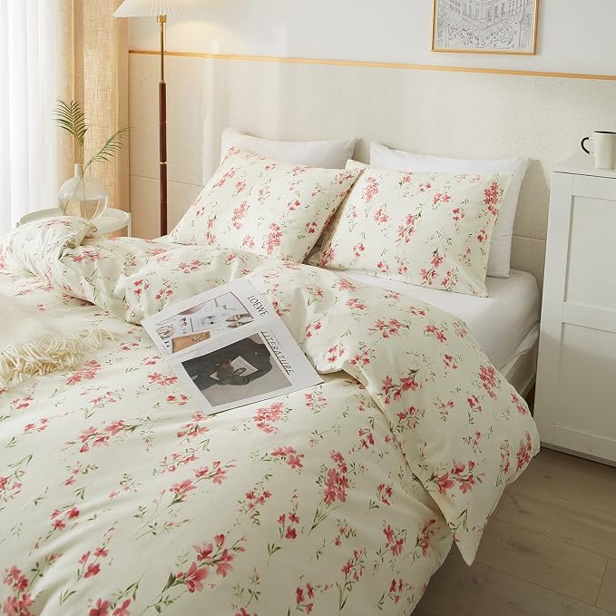 mixinni Boho Red Floral Girl Duvet Cover Set, Soft Cotton Twin Size 3-Piece - Image 2