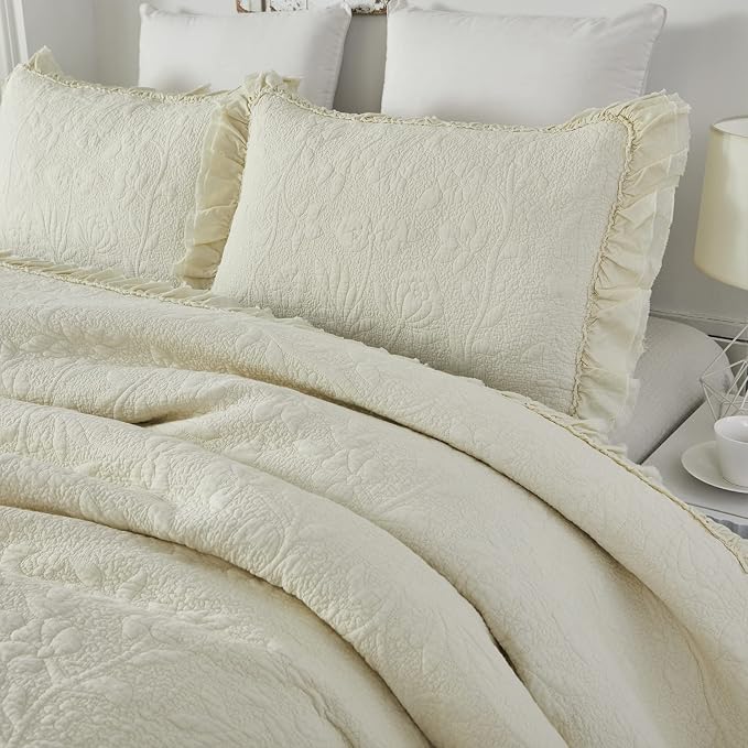 Brandream Luxury Cotton Quilt Set King Size Heirloom Quality Ruffled Edge - Image 3