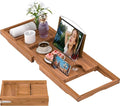 Premium Teak Bathtub Tray Caddy, Expandable Wooden Bath Tray by BAMBUROBA