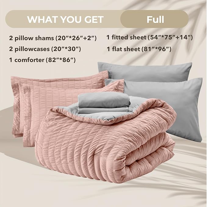 HYMOKEGE Rose Gold/Light Grey Full Size Comforter Sets Seersucker 7 Pieces - Image 6