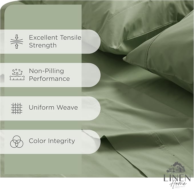 Linen Home 100% Cotton Percale Sheets Twin Size, Oil Green, Deep Pocket - Image 2