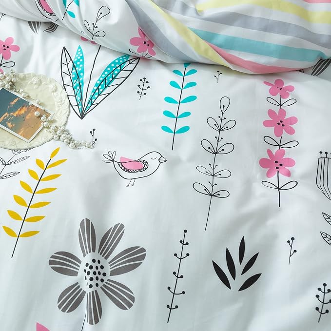 mixinni Girls Flower Leaves Pattern on White Duvet Cover Twin Size Colorful - Image 3