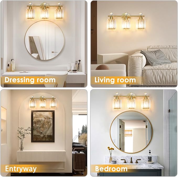 3-Light Gold Bathroom Light Fixtures Modern K9 Crystal Vanity Lights Wall Sconce - Image 5