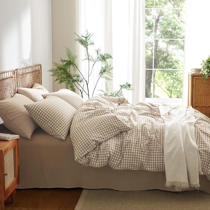 Nayoroom Gingham Duvet Cover Twin Size 100% Washed Cotton Brown Tan Plaid - Image 4