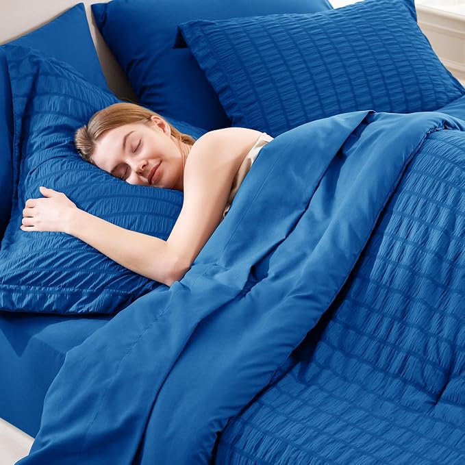 CozyLux Queen Comforter Set Classic Blue Seersucker 7 Pieces Bed in a Bag Queen - Image 3