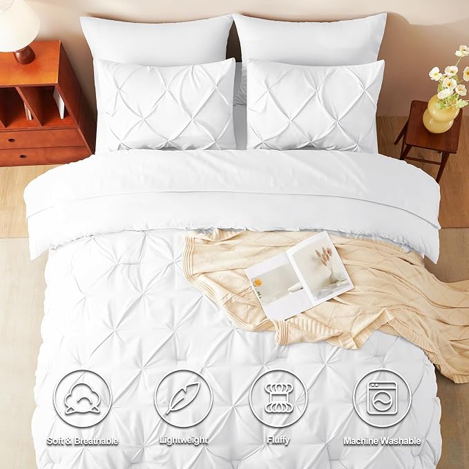 HIMEET Pintuck Bed in a Bag, 7 Pieces Oversized Queen Comforter Set White - Image 2