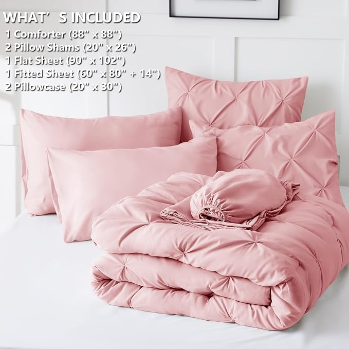 CozyLux Queen Comforter Set Pink, 7 Pieces Pintuck Bed in A Bag, Premium Pink - Image 6