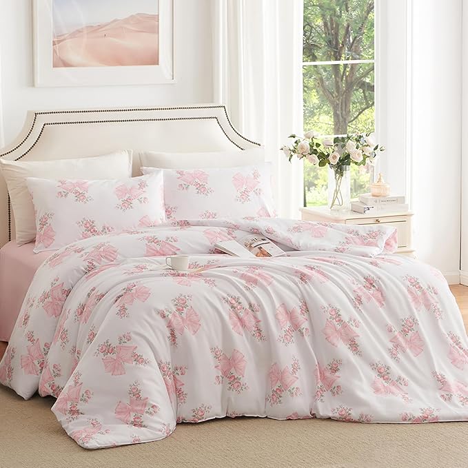 Nayoroom Pink Bow Duvet Cover Full Size Coquette Pink Floral Duvet Cover 3 - Image 2