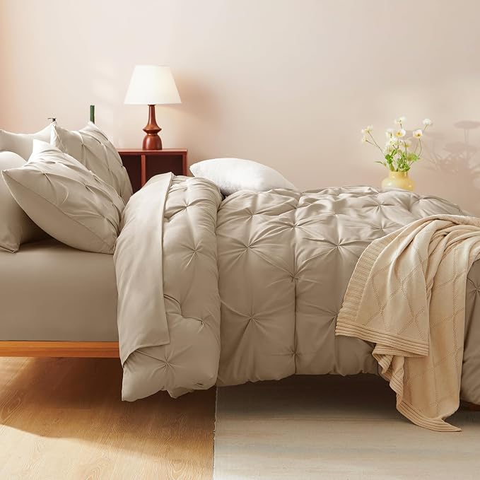 CozyLux Queen Comforter Set Taupe, 7 Pieces Pintuck Bed in A Bag, Premium Taupe - Image 9