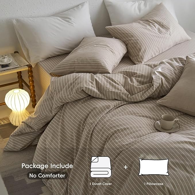 MooMee Striped Duvet Cover Set 100% Washed Cotton Linen Like Textured - Image 2