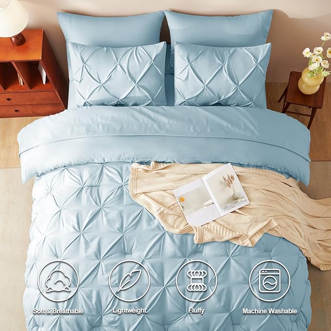 HIMEET Pintuck Bed in a Bag, 7 Pieces Queen Size Comforter Set Light Blue - Image 2
