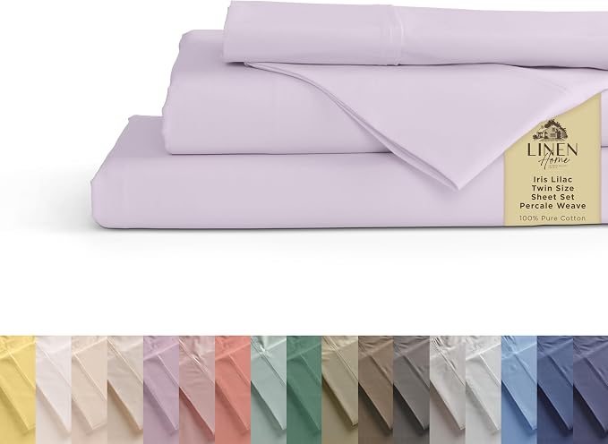 Linen Home 100% Cotton Percale Sheets Twin Size, Iris Lilac, Deep Pocket by LINENHOME
