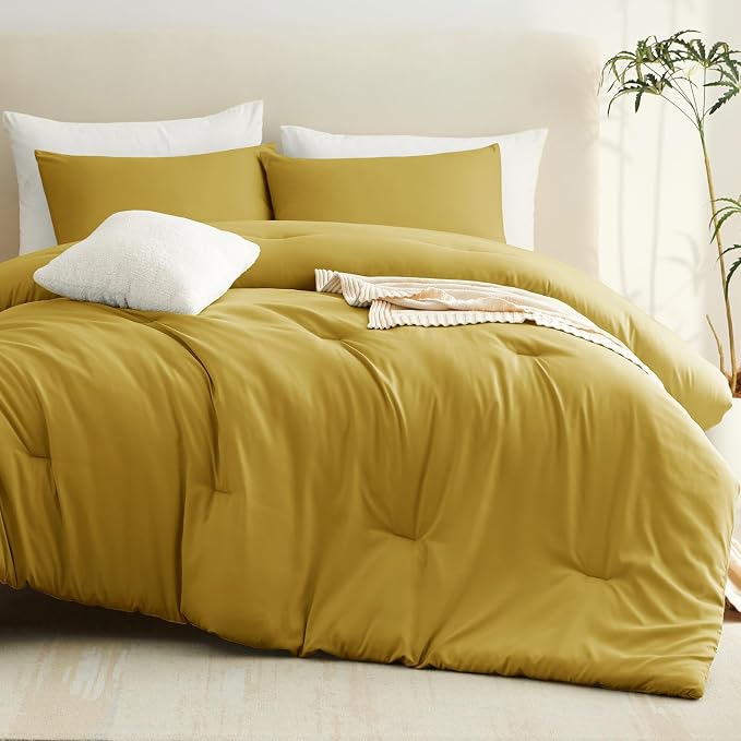 CozyLux Queen Comforter Set Mustard Yellow, 3 Pieces Solid Comforters Queen - Image 8