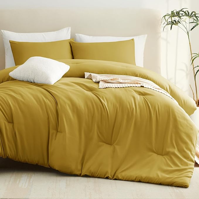 CozyLux Full Size Comforter Set Mustard Yellow, 3 Pieces Solid Breathable - Image 8