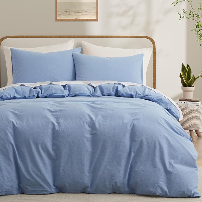 LOVQUE Light Blue Cotton Duvet Cover King Size, Linen Like Natural Bedding Set by LOVQUE