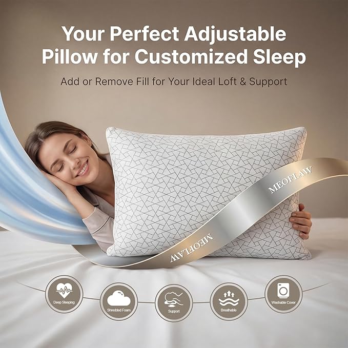 Meoflaw Adjustable Memory Foam Pillows: 2 Pack Queen Size Shredded Foam Bed - Image 2