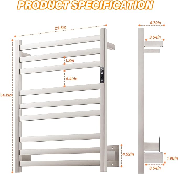 9 Bars Wall Mounted Towel Warmer, Heated Towel Rack - Image 6