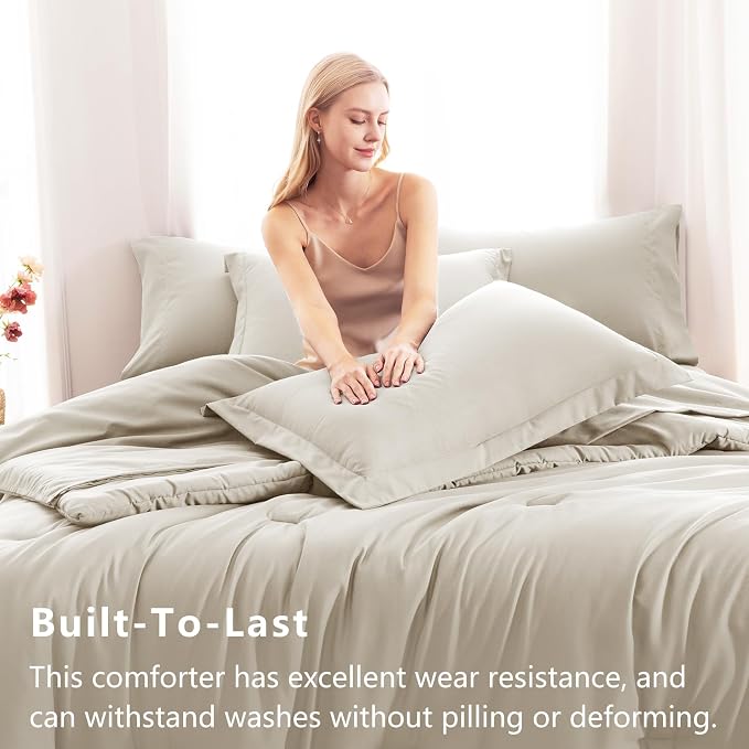 CozyLux King Comforter Set Beige, 7 Pieces Bed in a Bag Soft Bedding Comforter - Image 3