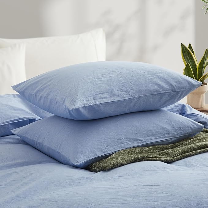 LOVQUE Light Blue Duvet Cover Full Size, 100% Washed Cotton Linen Like Bedding - Image 3